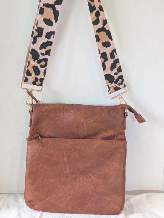 Threaded Pear Handbags - Threaded Pear Brown Faux Leather Crossbody Bag with Leopard Strap